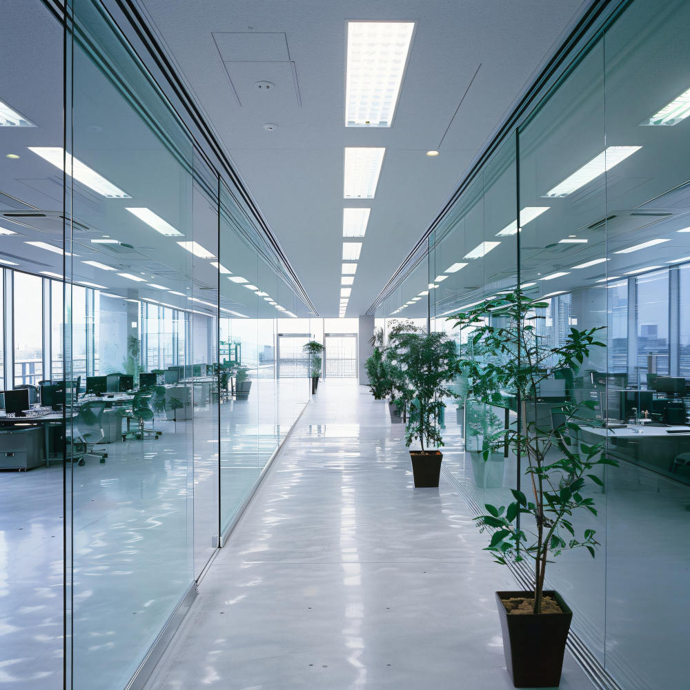 Ein großes leeres Büro mit Glastrennwänden