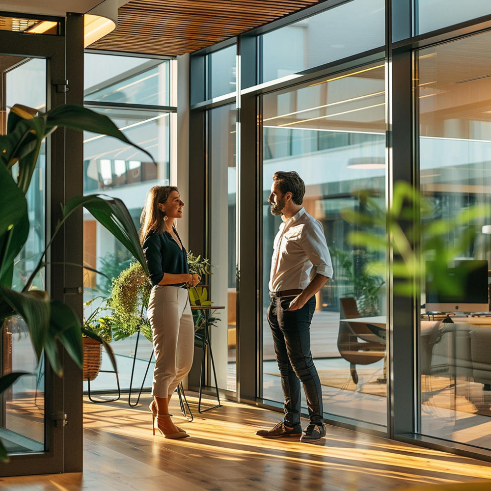 Ein Mann und eine Frau stehen in einer Lobby