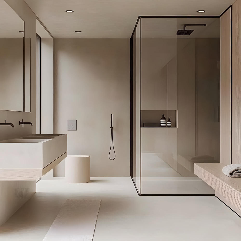 Ein minimalistisches Badezimmer mit einer Fußgängerdusche