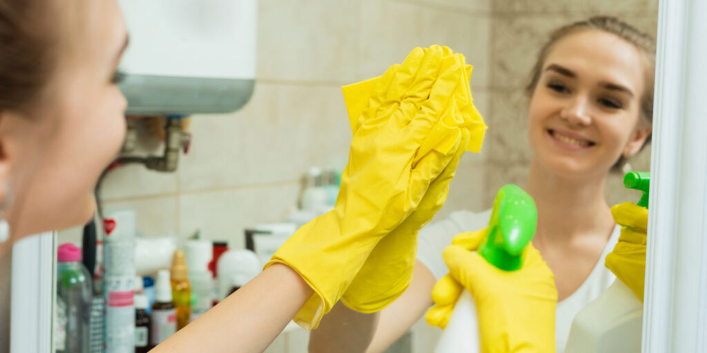 Frau putz einen Spiegel im Badezimmer