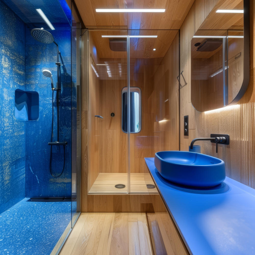 Innenraum eines modernen Badezimmers mit blauer Badewanne und Dusche