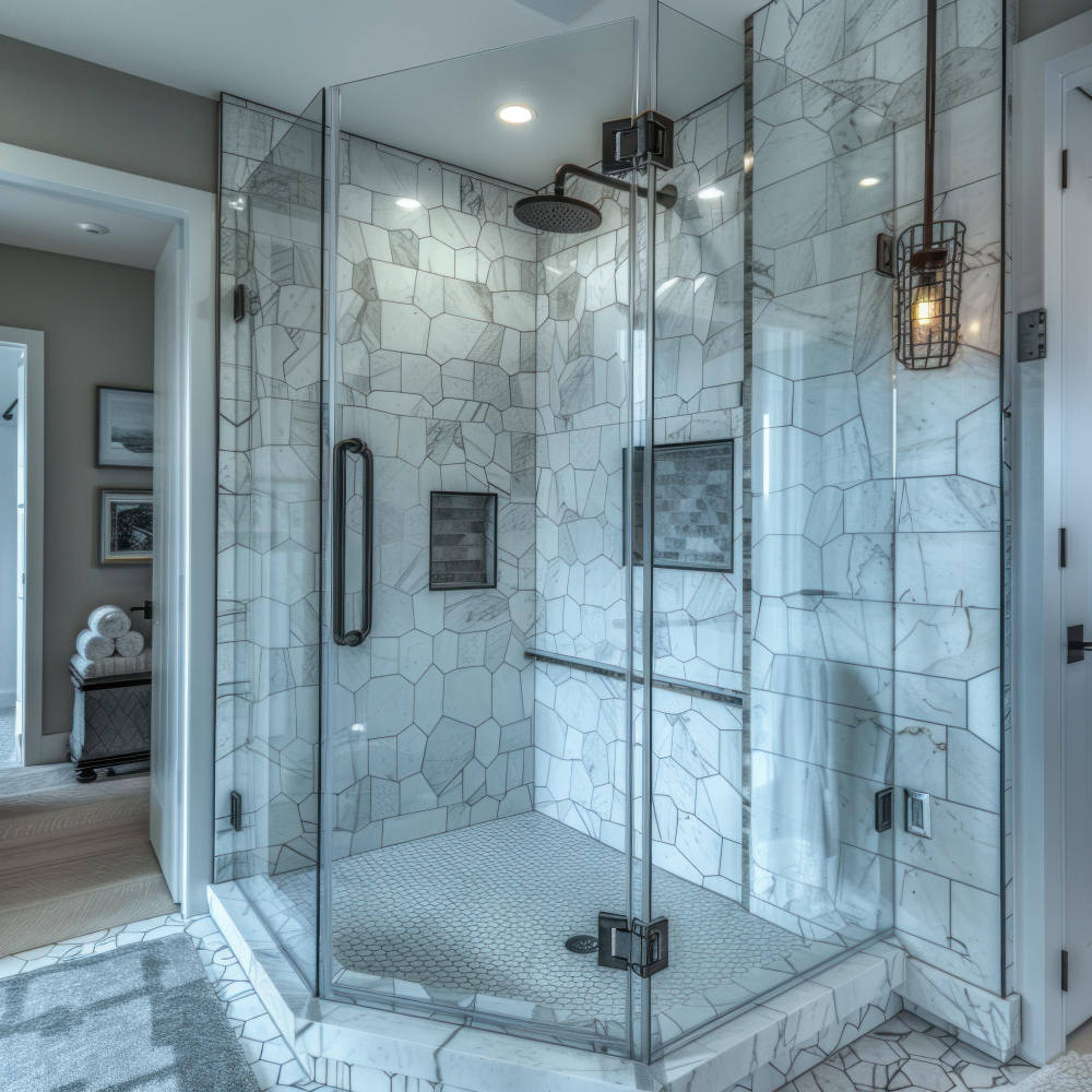 Moderne Badezimmer-Duschstube mit Glasgehäuse und weißer Fliese