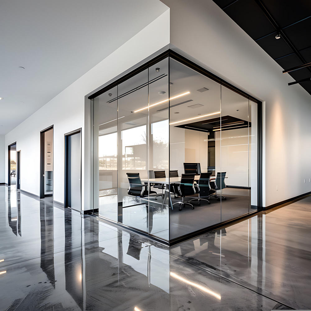 Modernes leeres Innenbüro aus Glas für die Arbeit