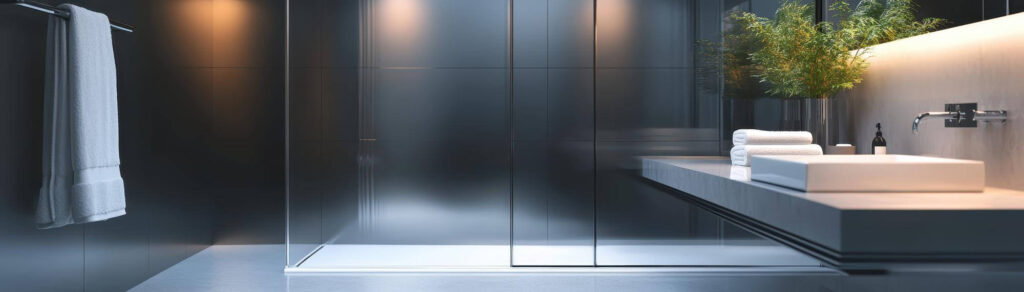 Modernes minimalistisches Badezimmer mit eleganten dunklen Oberflächen