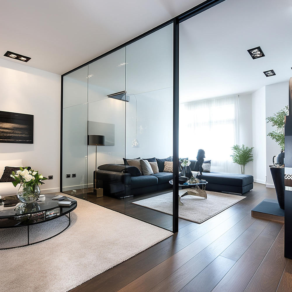 Ein Wohnzimmer mit Couch und einer Glastrennwand