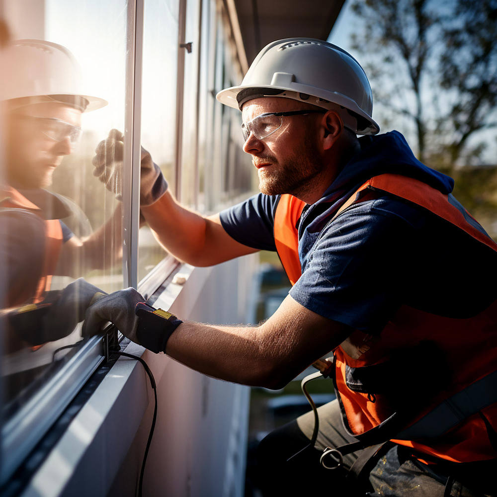 Arbeiter reparieren Fenster in Innenräumen
