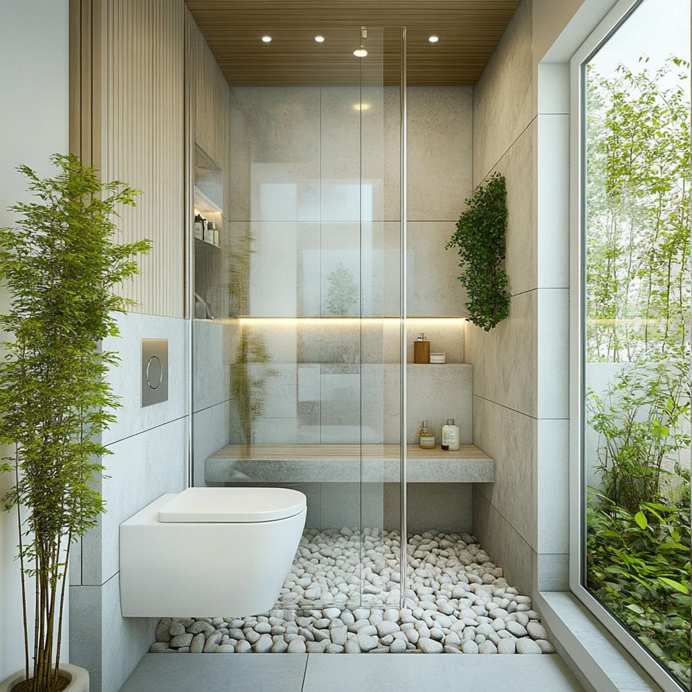 Badezimmerinterieur mit Regenschauer und Wandtoilette