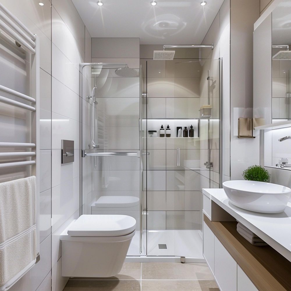 Ein Badezimmer mit einer Toilettenbecke und einer Dusche mit einer Glastür