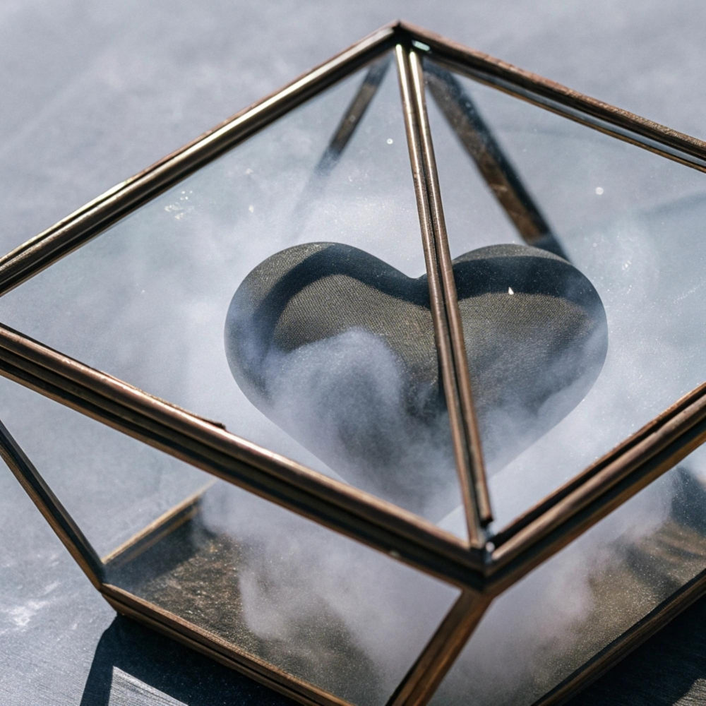 Eine herzförmige Skulptur befindet sich in einer Glasvase