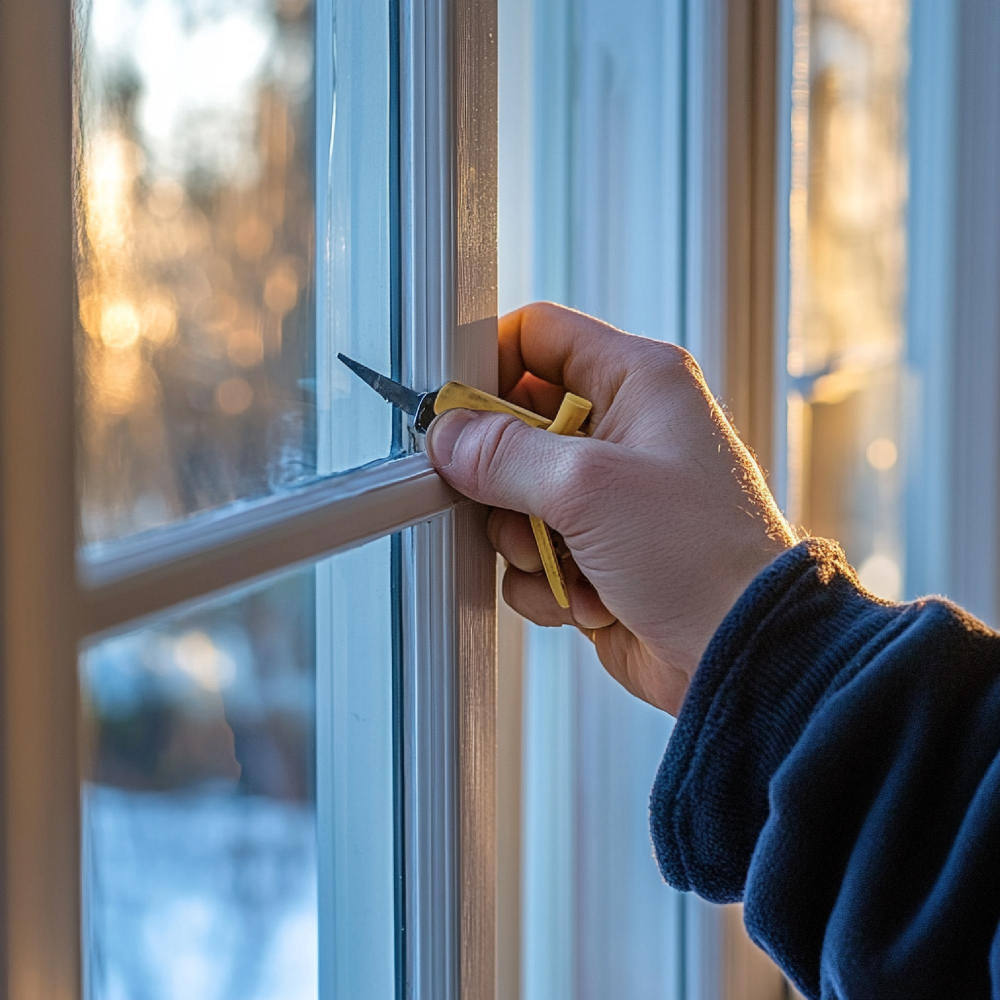 Eine Person, die zugfähige Fenster und Türen versiegelt