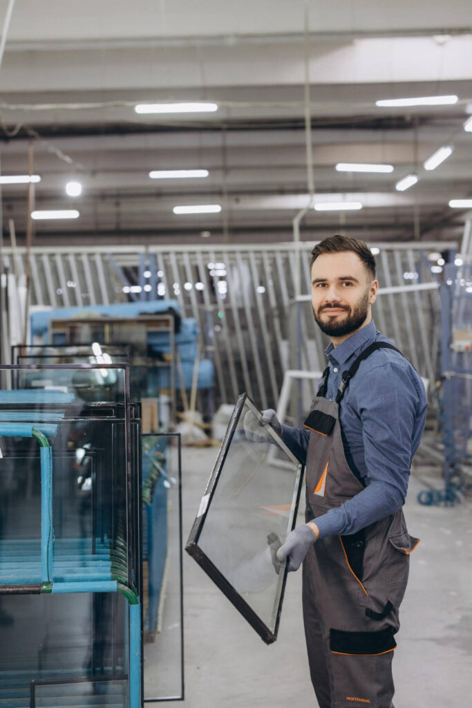Fabrikarbeiter trägt eine Glasfensterfläche in einer Produktionslinie
