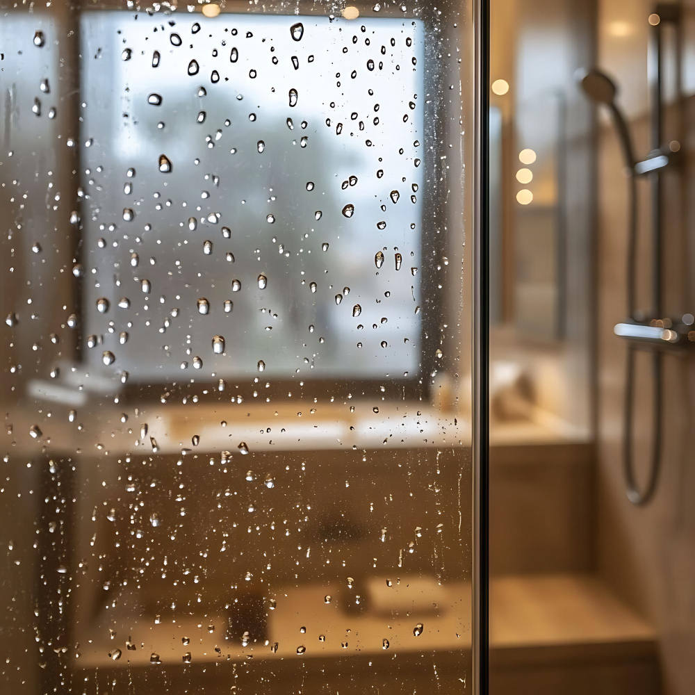 Glas mit Wassertropfen Duschgerät im modernen Badezimmer