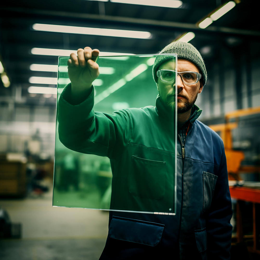 Glasarbeiter hält bei der Arbeit eine grüne Glasscheibe