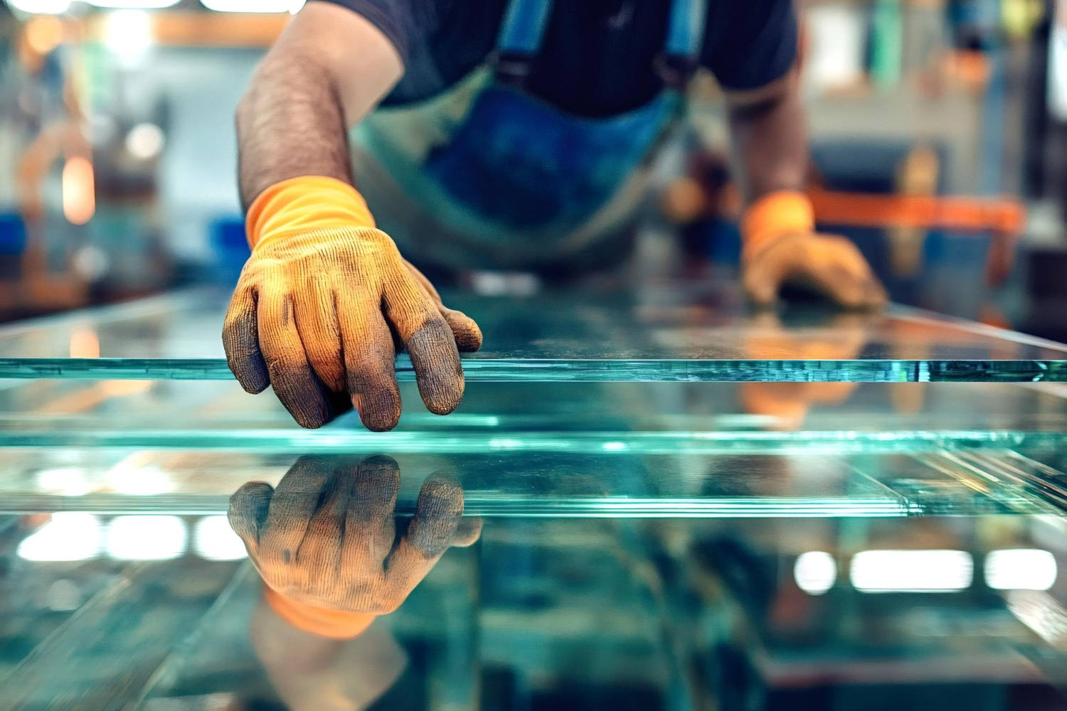 Glaser legt vorsichtig eine Glasplatte in der Werkstatt auf