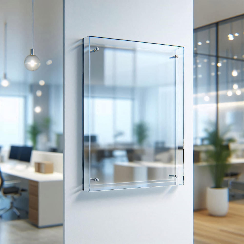 Glasrahmen auf einer weißen Wand in einer modernen Büroumgebung
