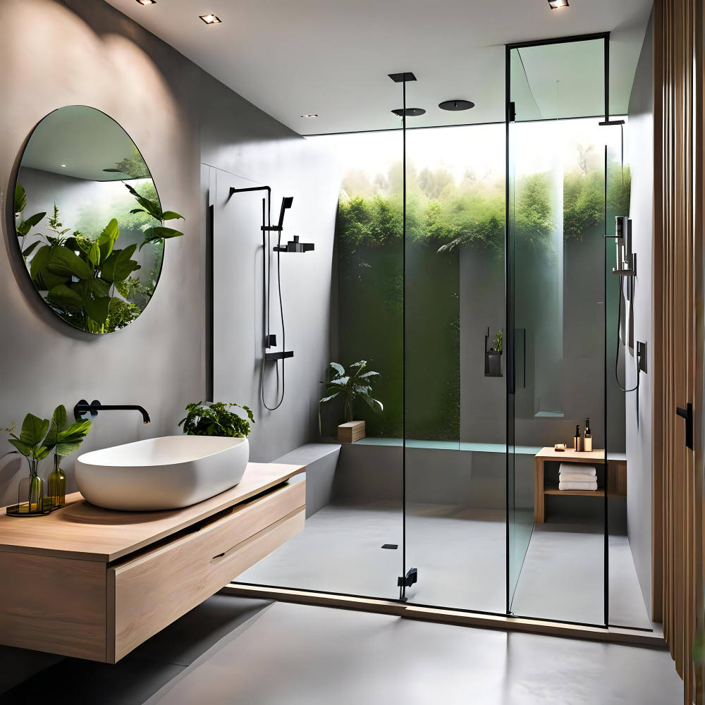 Minimalistisches Badezimmer mit Glastür und moderner Dusche