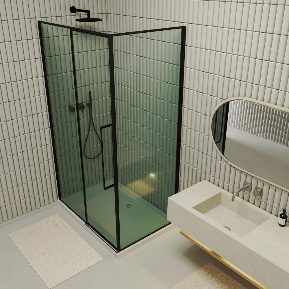 Modernes Badezimmerinterieur mit Duschkabine und Steinschüssel