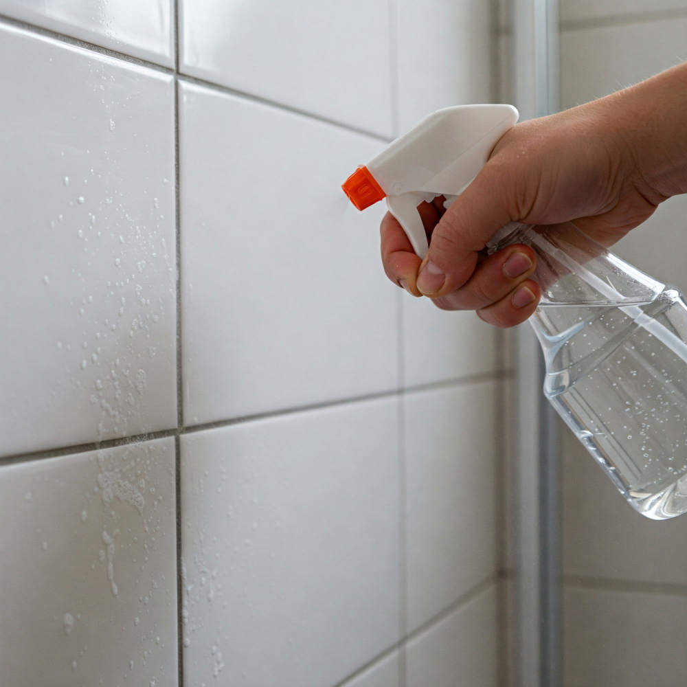 Reinigung von Badezimmerfliesen mit einer Sprühflasche