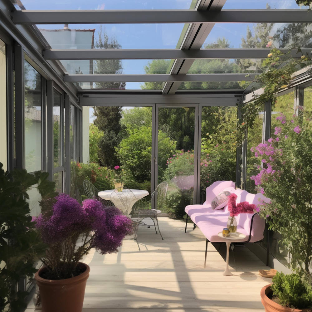 Blick von innen nach außen auf den Sommergarten