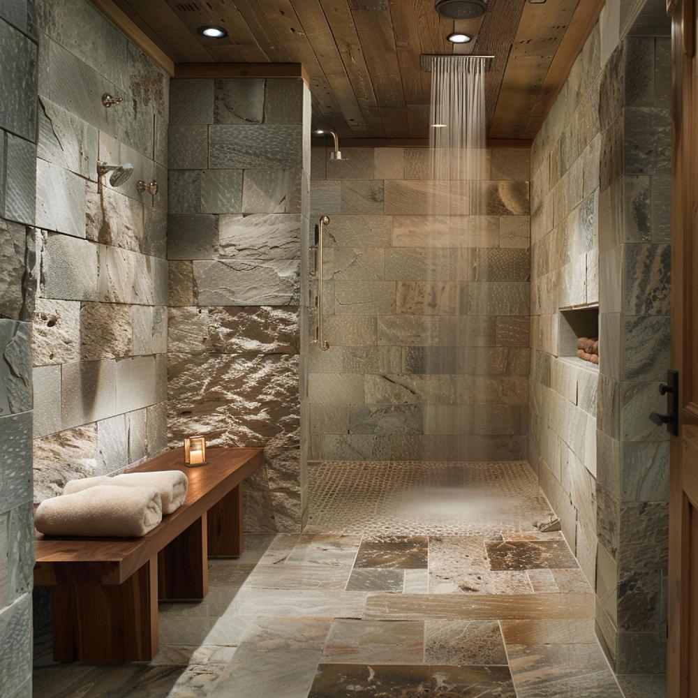 Ein spalikes Badezimmer mit Regenschauer und Natursteinbearbeitungen