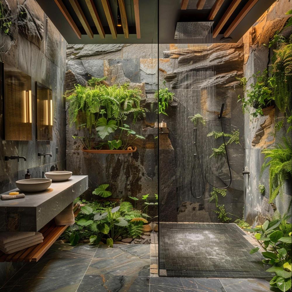 Ein von einem Spa inspiriertes Badezimmer mit Natursteingrün