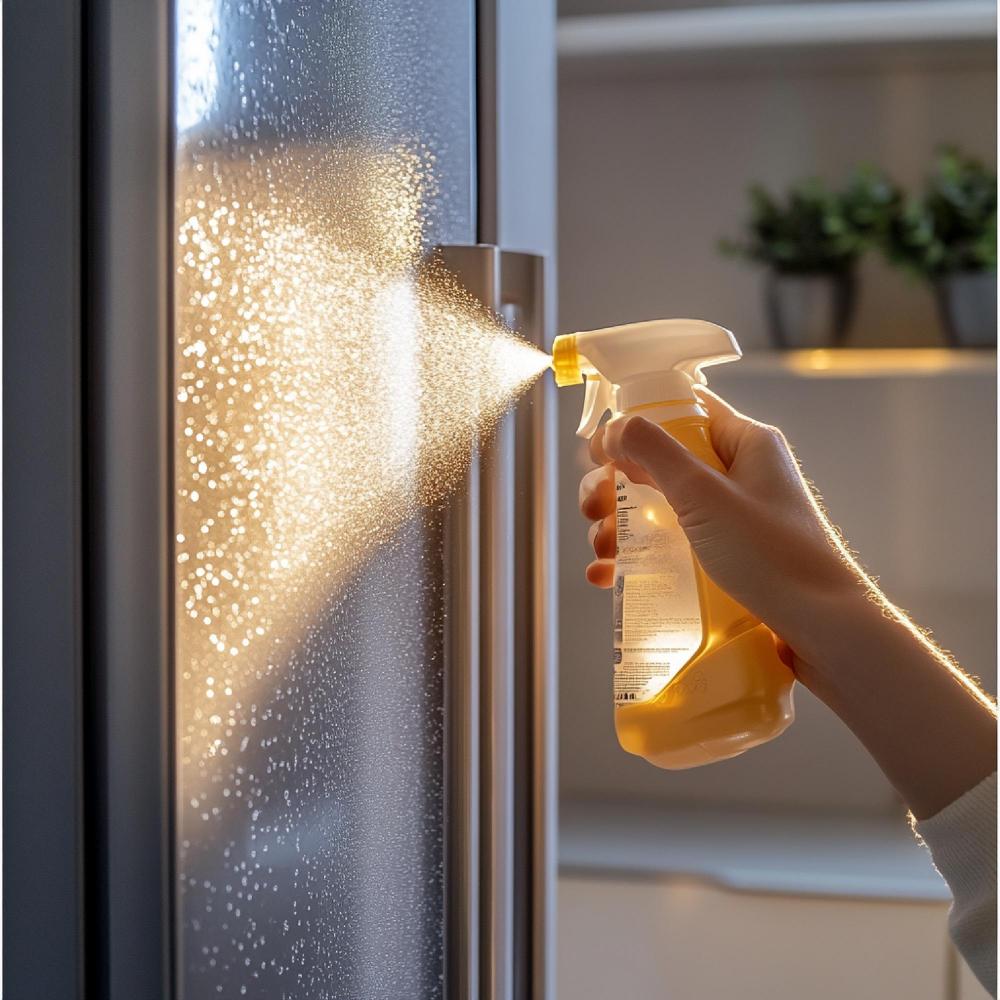 Eine Person, die ein Desinfektionsspray verwendet