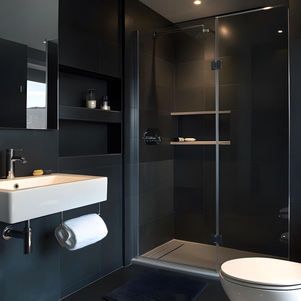 Ein elegantes und modernes Badezimmer mit dunklen Fliesen