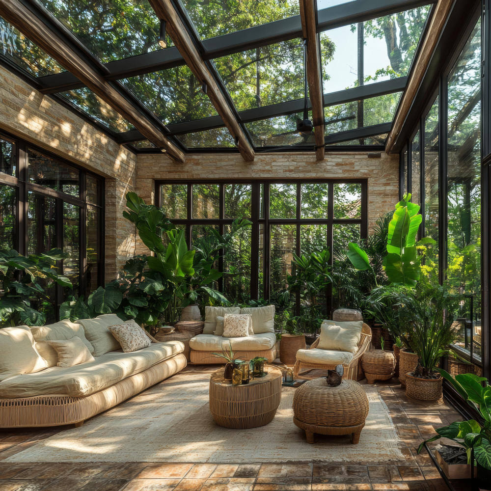 Modernes Sonnenzimmer mit Glasdach, Wickelmöbeln und tropischen Pflanzen