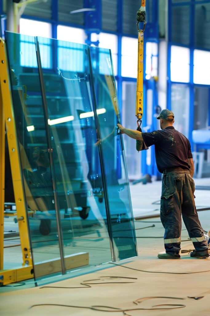 Fabrikarbeiter montieren Doppelfenster