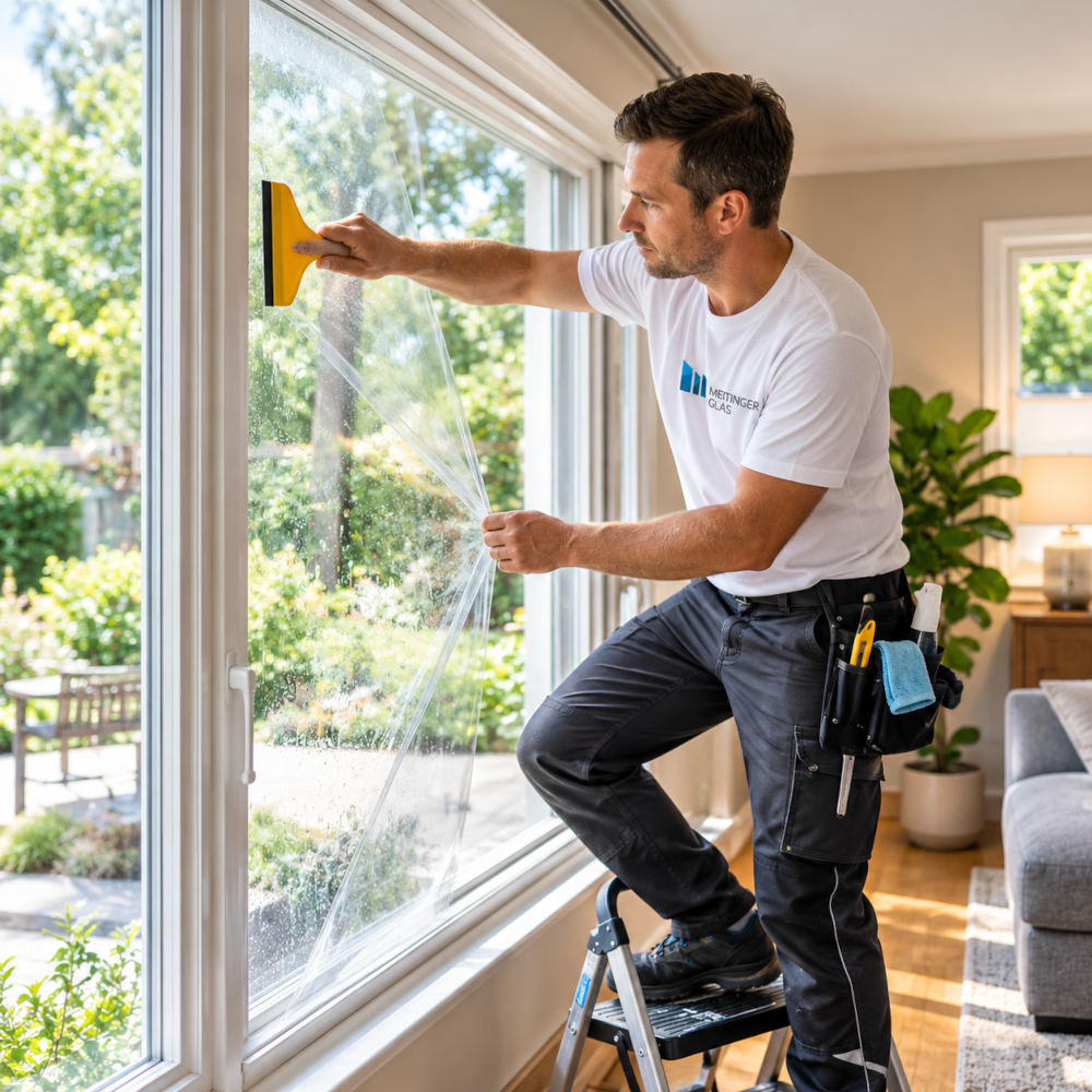 Mitarbeiter zieht eine Folie auf das Fensterglas auf